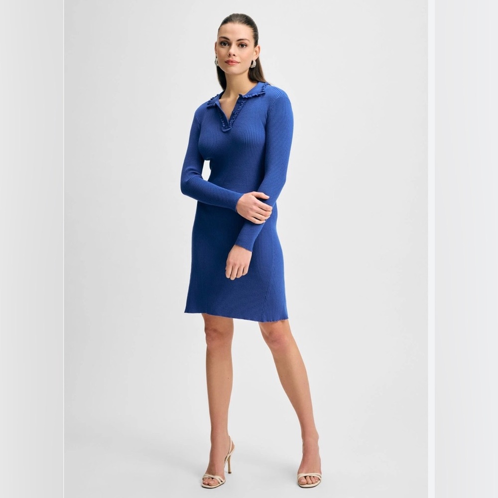 Isaac Mizrahi Royal Blue Ruffle Collar Sweater Henley Dress NWT Size Medium